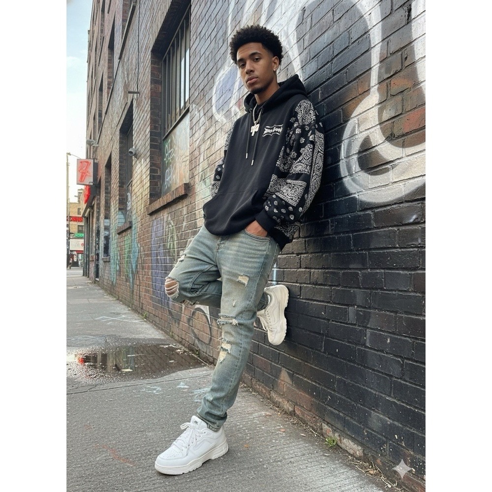 Scoop Doug Paisley Patchwork Hoodie - Black Streetwear Graphic Sweatshirt L